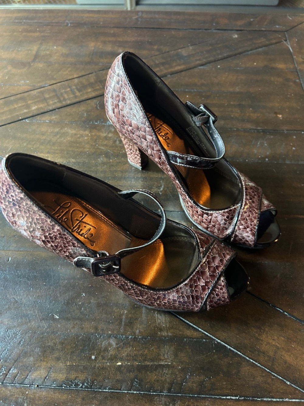 Life Stride Brown Textured Mary Jane Peep-Toe Heels with Snakeskin Pattern